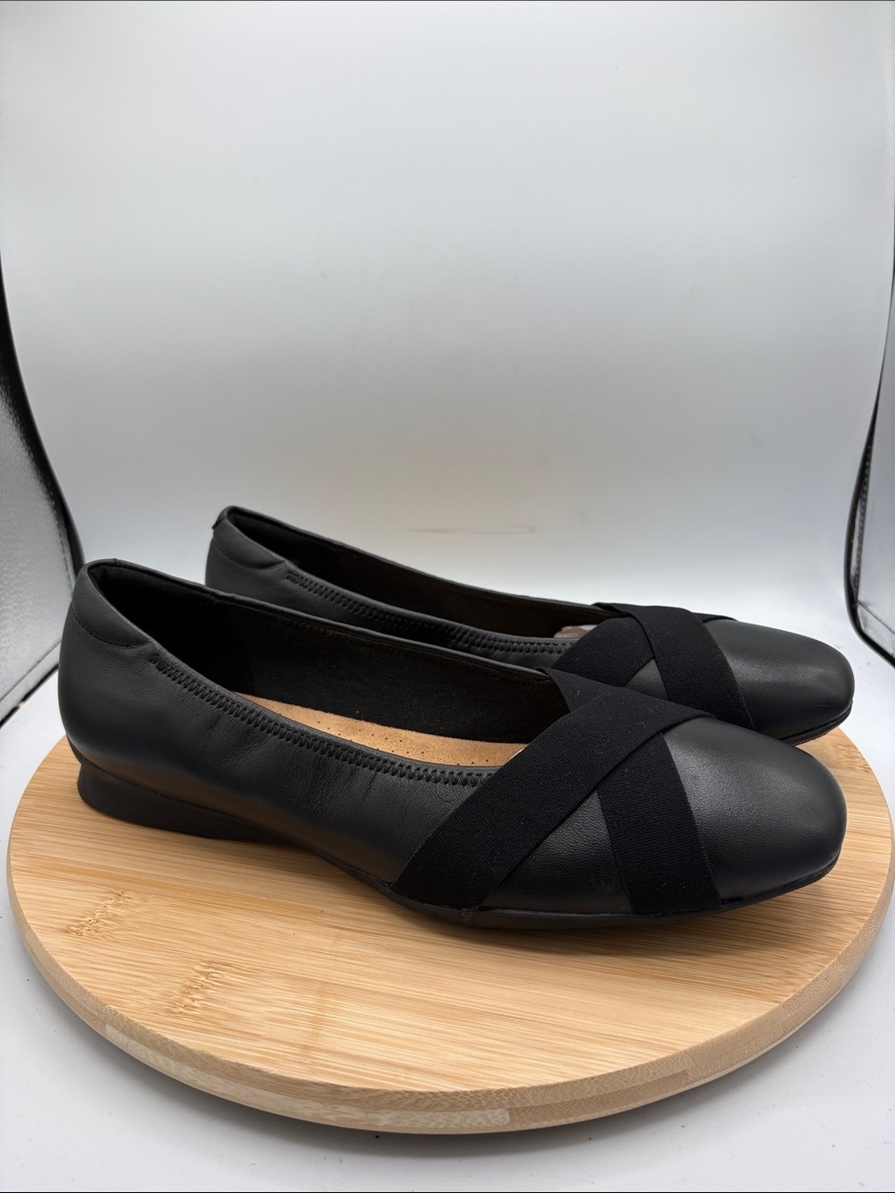 Clarks Jazmynn Gem Black Leather X-Band Square Toe Slip On Comfort Flats Size 11